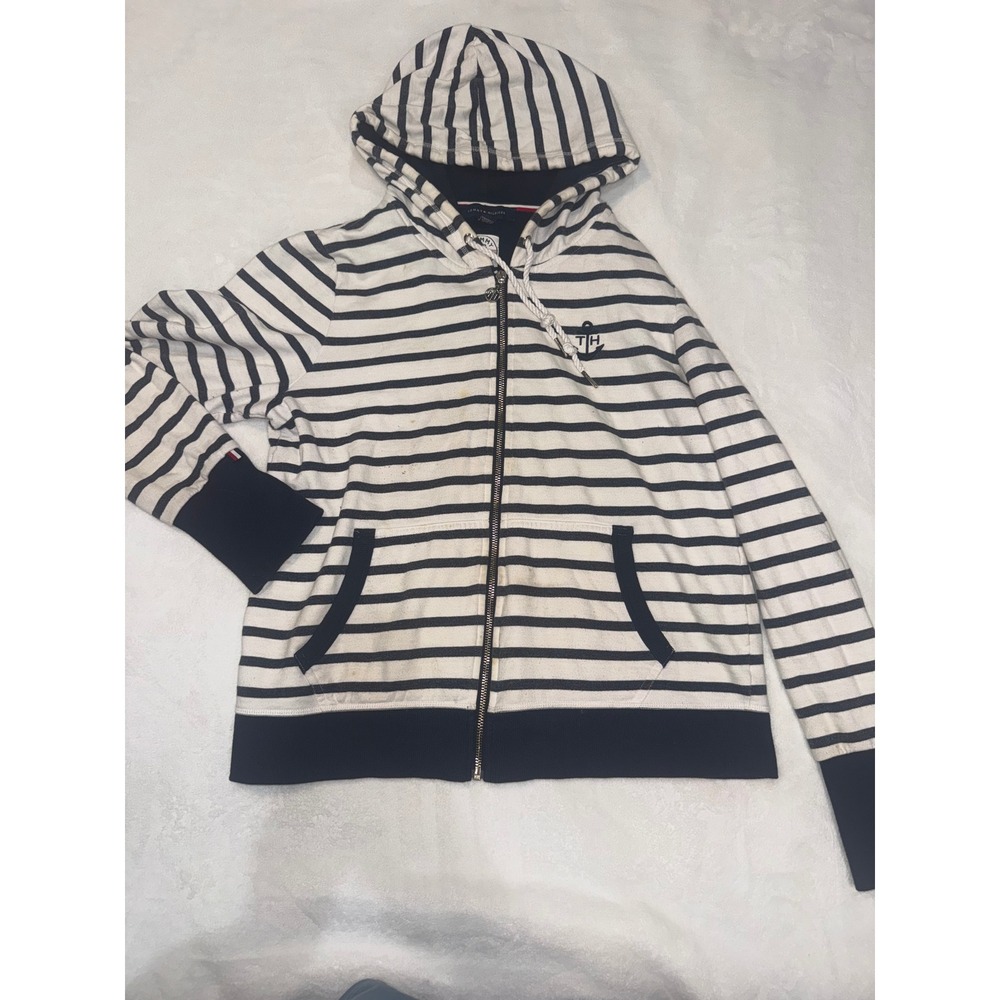 Tommy Hilfiger Mens Striped Full Zip Hoodie Navy White Nautical Anchor Size M